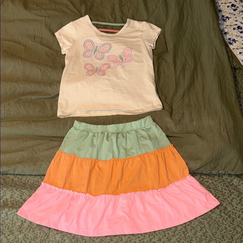 Charming Butterfly Kids Skirt Set - Cream, Green, Orange, Pink